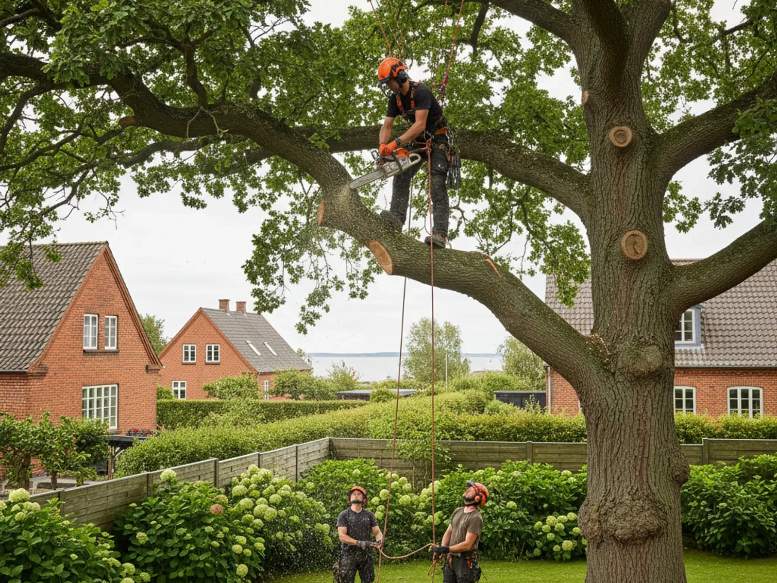 Erfaren arborist i gang med træfældning i Kalundborg